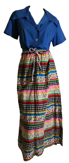 Colorful Ric Rac and Polka Dot Print Cotton Maxi Dress circa 1970s