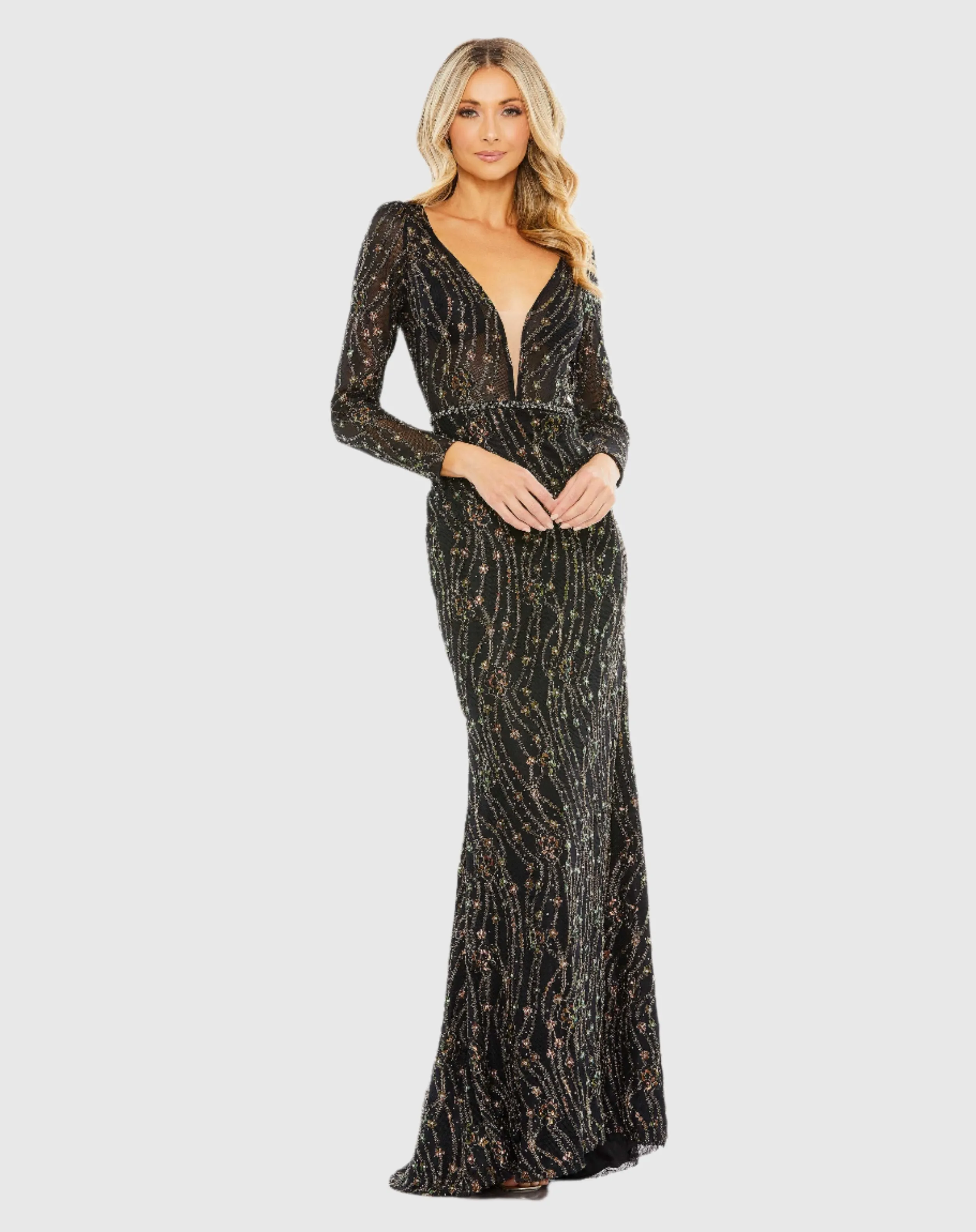 Embellished Long Sleeve Plunge Trumpet Gown