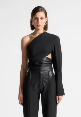 One Sleeve Vegan Leather Wrap Top