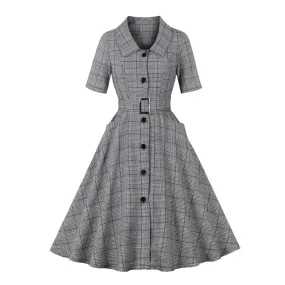 Retro Turn Down Collar Button Up Half Sleeve Pocket Swing Dress, Vintage Plaid Dress