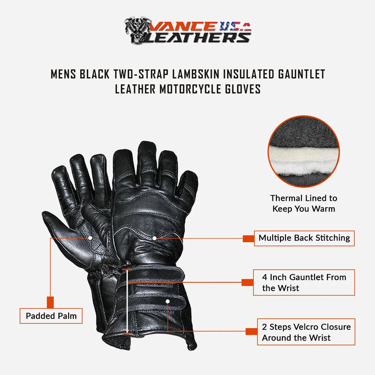 VL404 Vance Leather Two-Strap Lambskin Insulated Gauntlet Glove